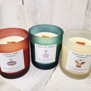 Farmhouse Holiday Candles - Elegant Frosted Glass & Wood Wicks