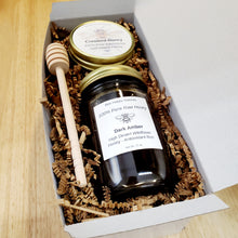 Load image into Gallery viewer, Honey Sampler Gift Set - Dark Honey with Whipped Honey, Wooden Dipper and FREE Wooden Christmas Ornament
