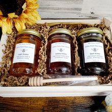 Load image into Gallery viewer, Bee Happy Deluxe Honey Trio Gift Set in Wooden Crate Box
