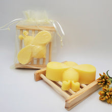 Load image into Gallery viewer, Bee Happy Bath Duo - Honey Bee Soap &amp; Wooden Soap Tray
