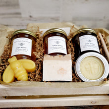 Load image into Gallery viewer, Bee Happy Deluxe Honey Trio Gift Set in Wooden Crate Box
